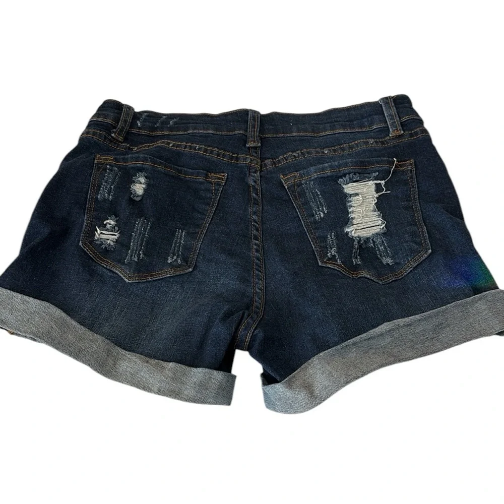 KanCan Los Angeles distressed Jean shorts, darker wash, distress front/back, 28